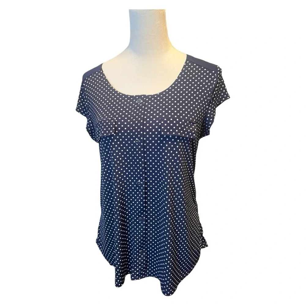 Diana Belle dark navy and white polka dot stretchy shirt size small EUC - Picture 3 of 7